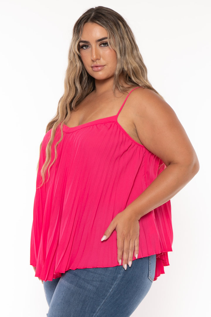 GiGio Tops Plus Size  Eryka  Pleated Tank  Top- Hot Pink