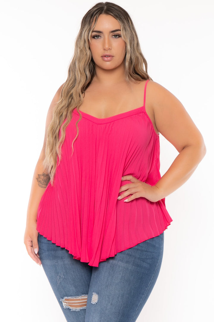 GiGio Tops Plus Size  Eryka  Pleated Tank  Top- Hot Pink