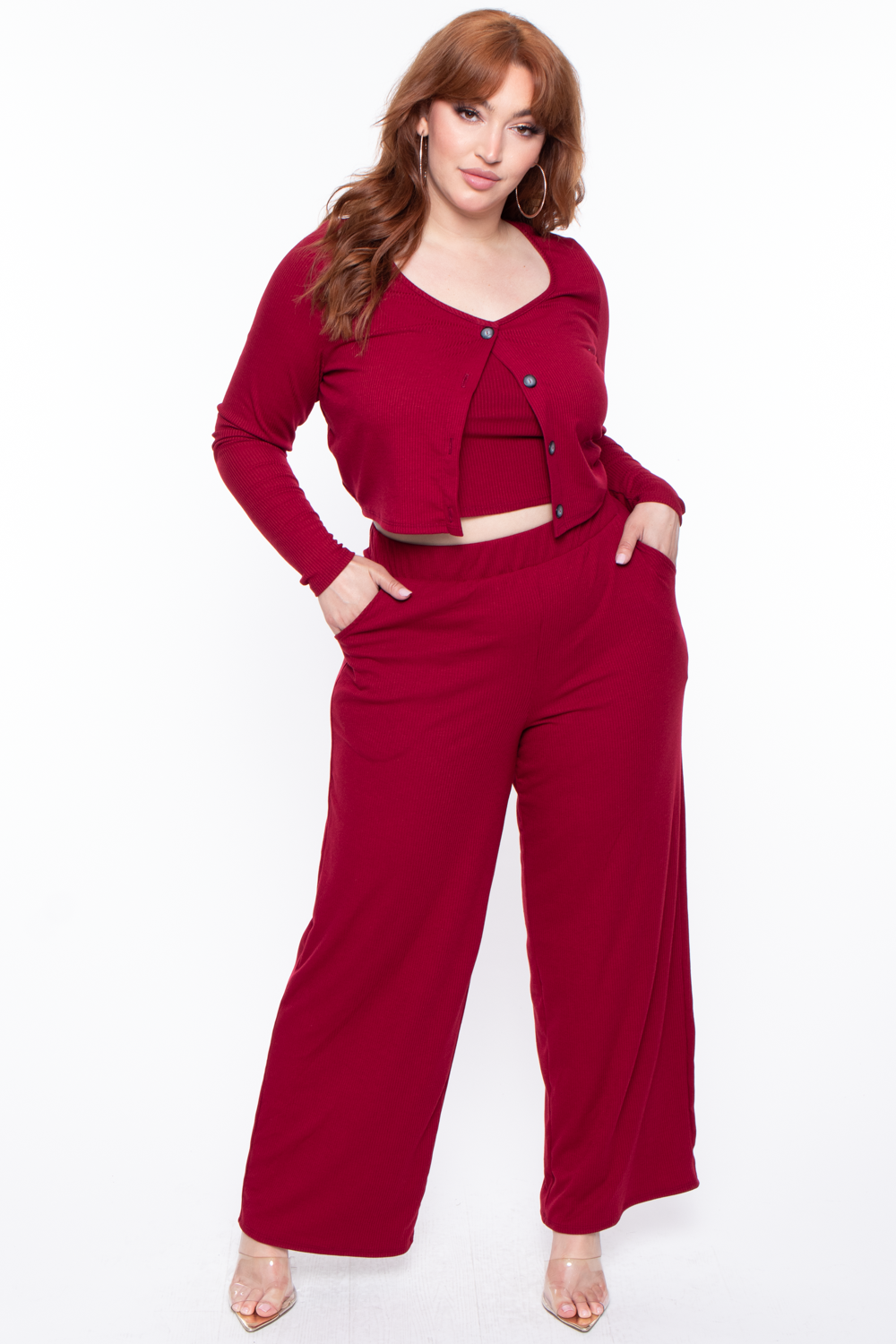 Curvy Sense Tops 1X / Burgundy Plus Size Essential Ribbed Button Front Top - Burgundy