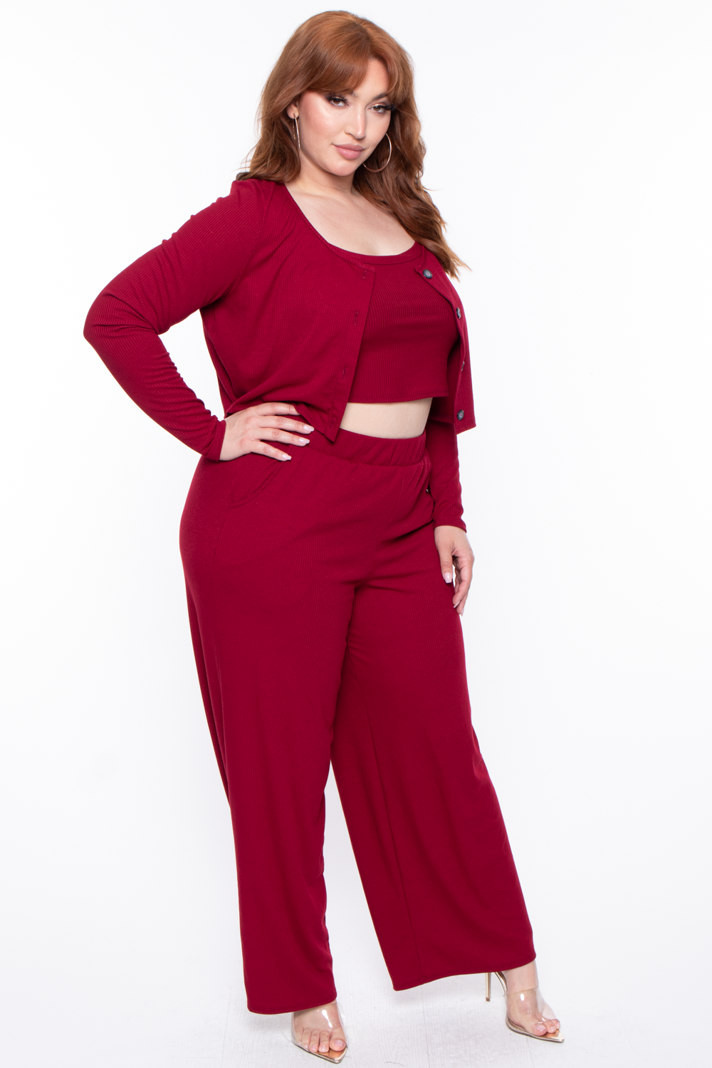 Curvy Sense Tops Plus Size Essential Ribbed Button Front Top - Burgundy