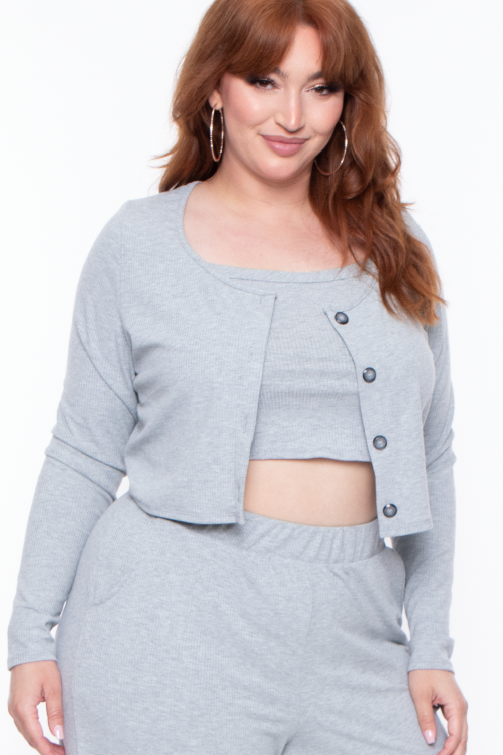 Curvy Sense Tops Plus Size Essential Ribbed Button Front Top - Heather Grey