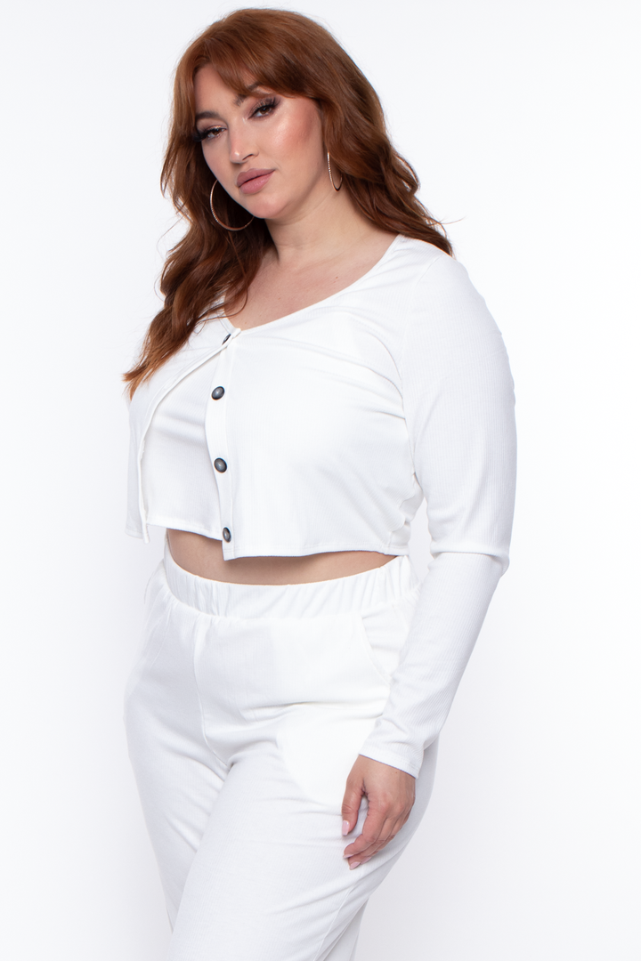 Curvy Sense Tops 1X / Ivory Plus Size Essential Ribbed Button Front Top - Ivory