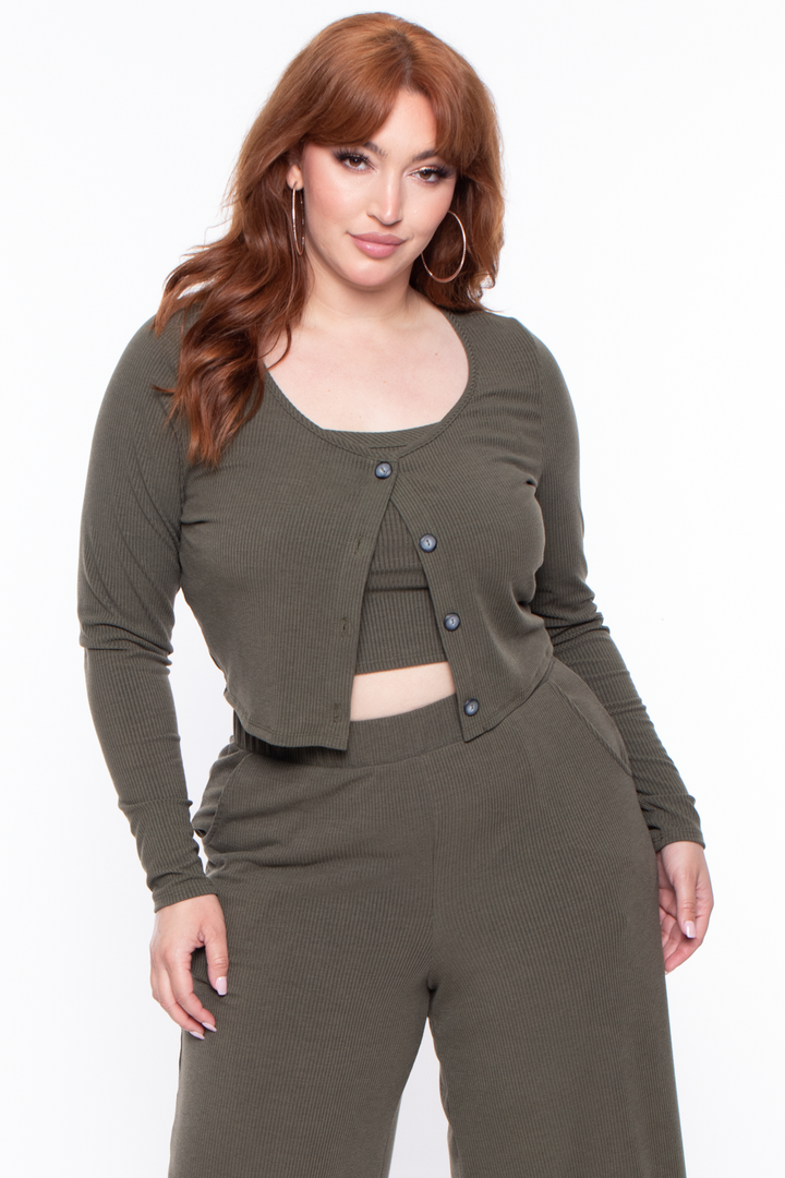 Curvy Sense Tops Plus Size Essential Ribbed Button Front Top - Olive
