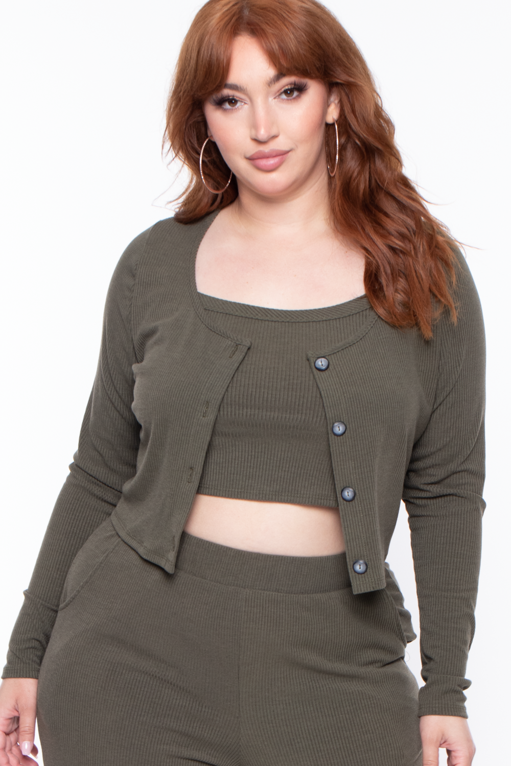 Curvy Sense Tops 1X / Olive Plus Size Essential Ribbed Button Front Top - Olive