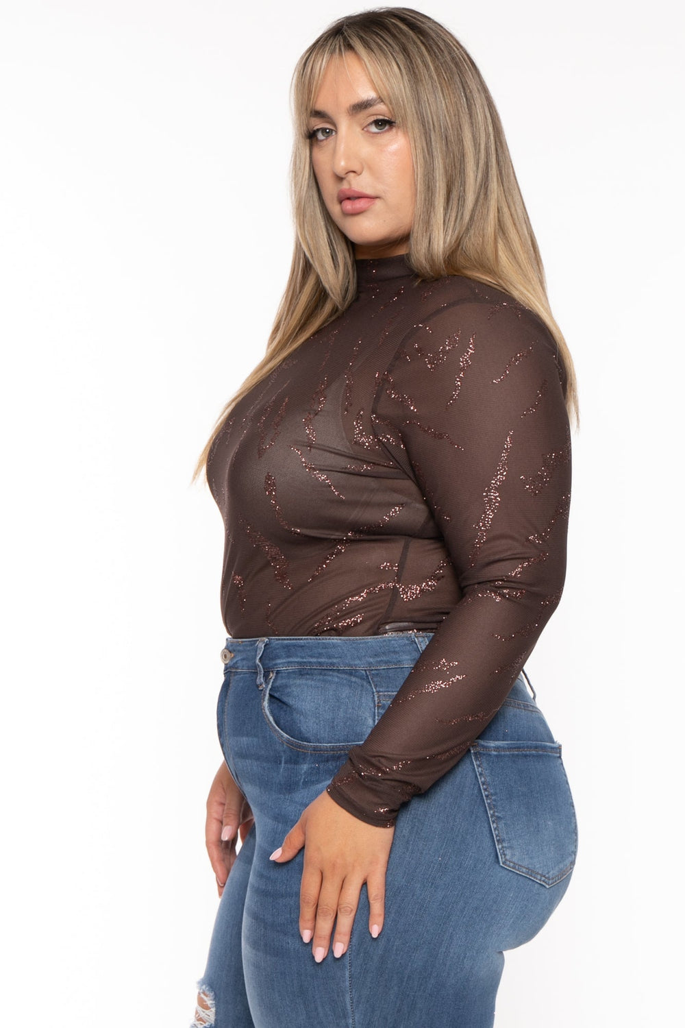Curvy Sense Tops Plus Size Gail Glitter  Mesh  Bodysuit- Brown