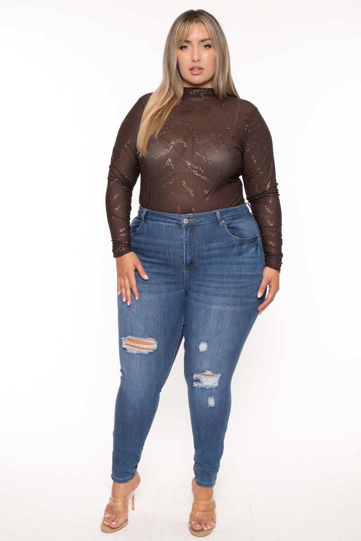 Curvy Sense Tops Plus Size Gail Glitter  Mesh  Bodysuit- Brown