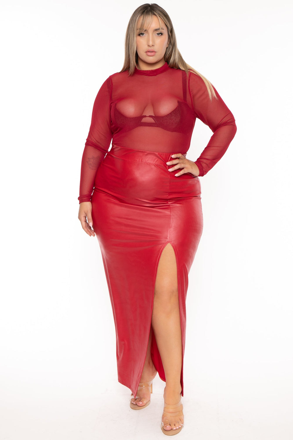 Curvy Sense Tops Plus Size Galene Mesh Bodysuit- Red