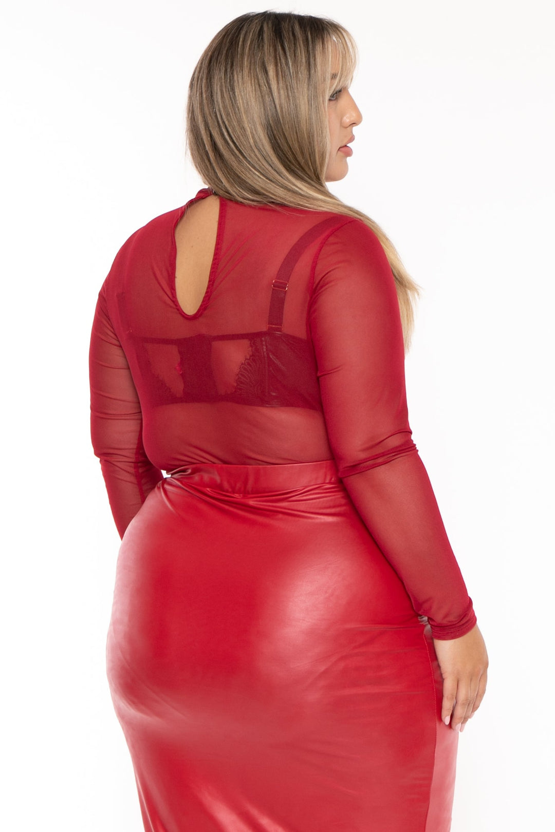 Curvy Sense Tops Plus Size Galene Mesh Bodysuit- Red