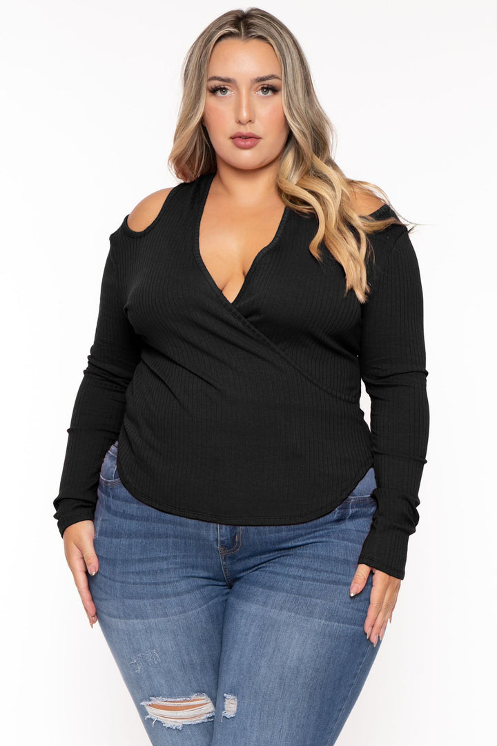 CULTURE CODE Tops 1X / Black Plus Size Halter  Cold Shoulder Top- Black