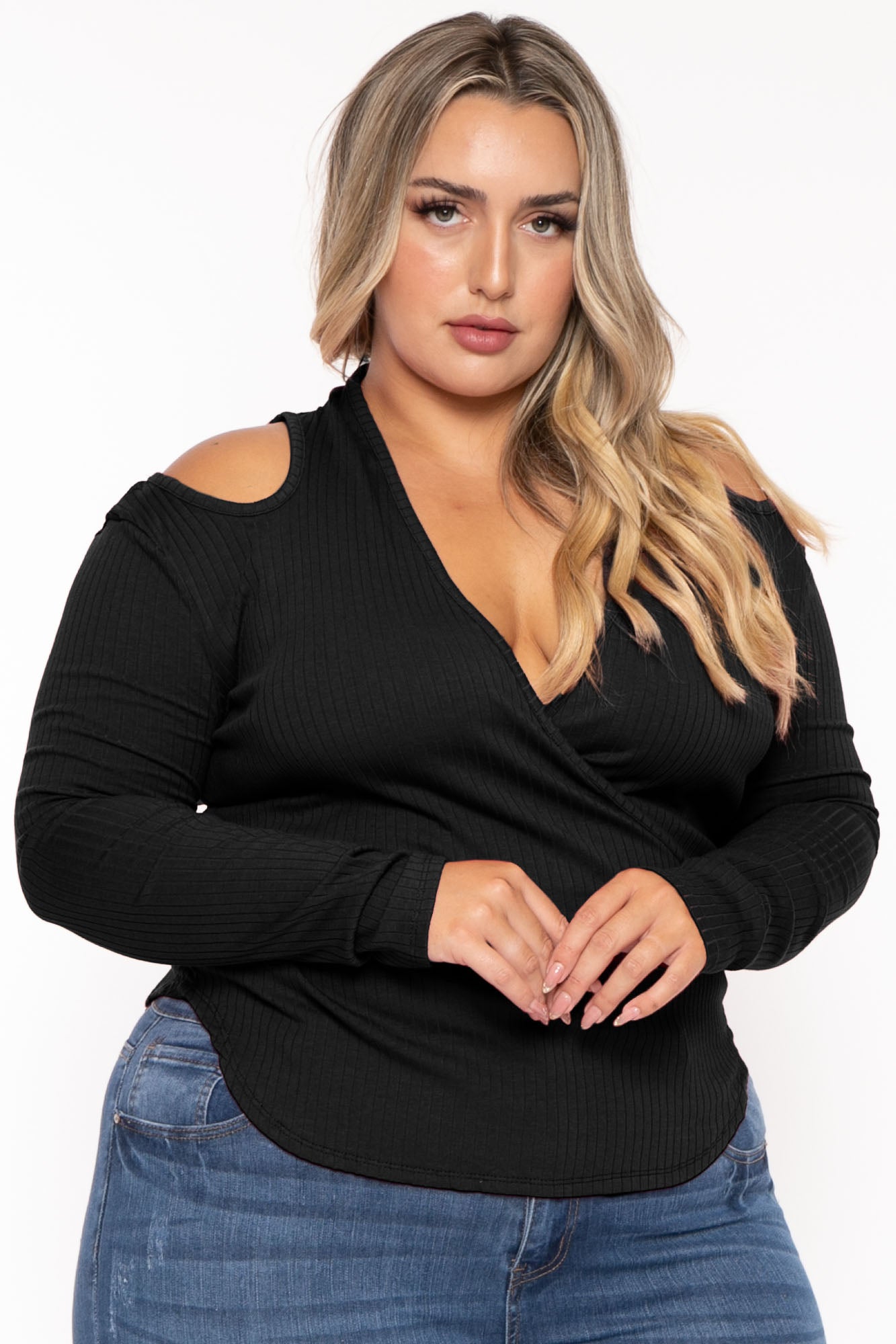 plus size black cold shoulder top