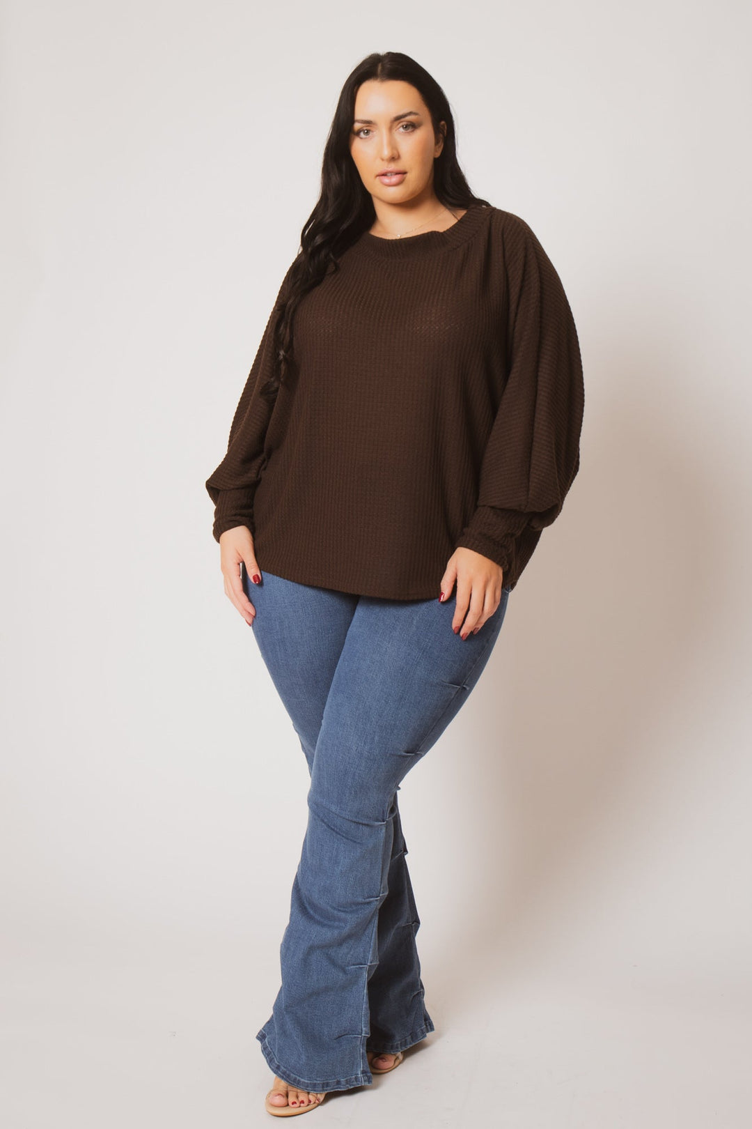 D ROCK Tops Plus Size Harper Off Shoulder Sweater - Brown
