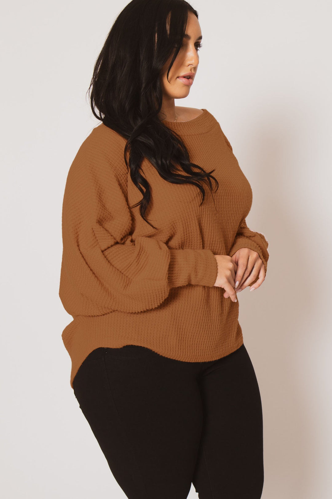D ROCK Tops Plus Size Harper Off Shoulder Sweater - Camel