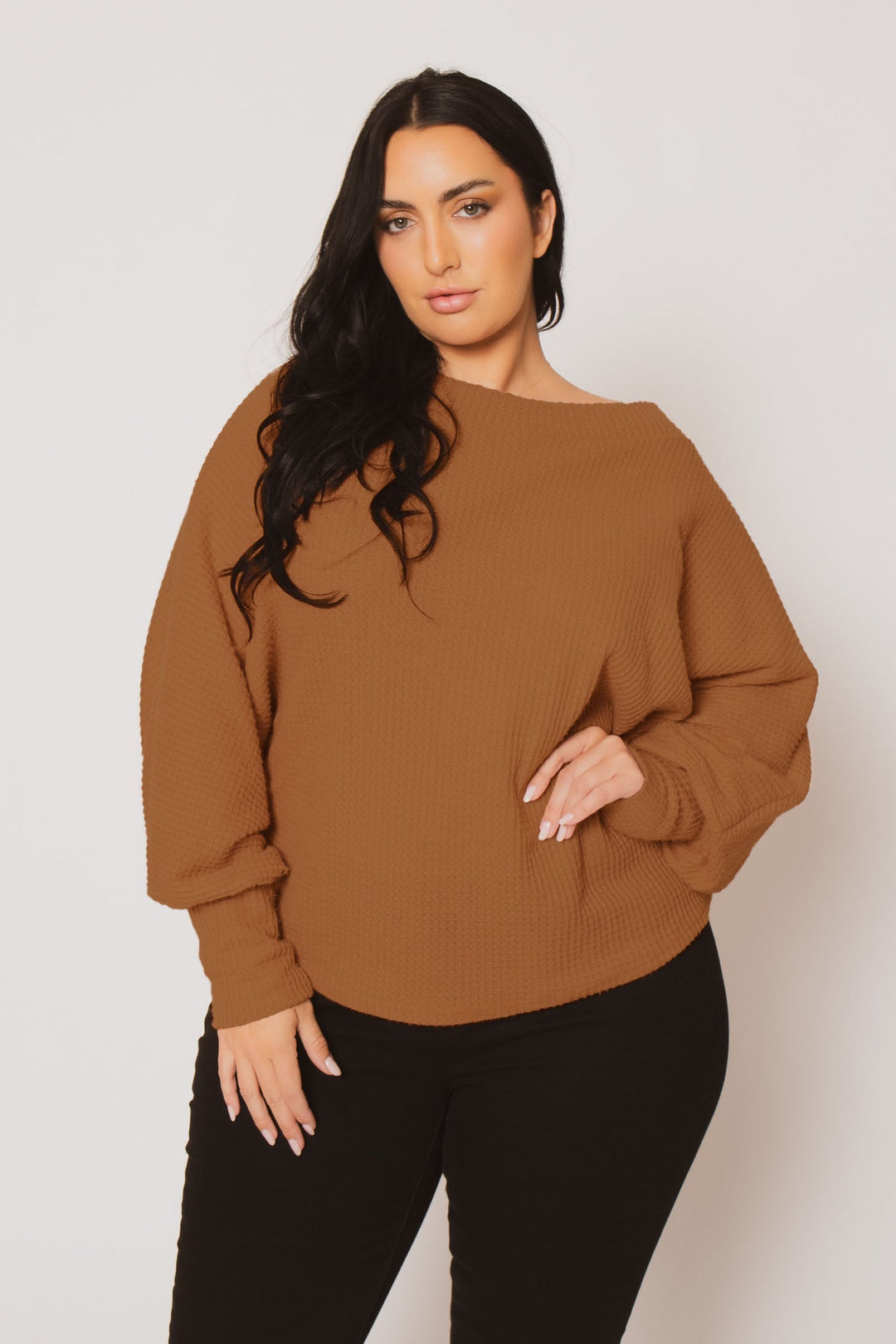 D ROCK Tops Plus Size Harper Off Shoulder Sweater - Camel