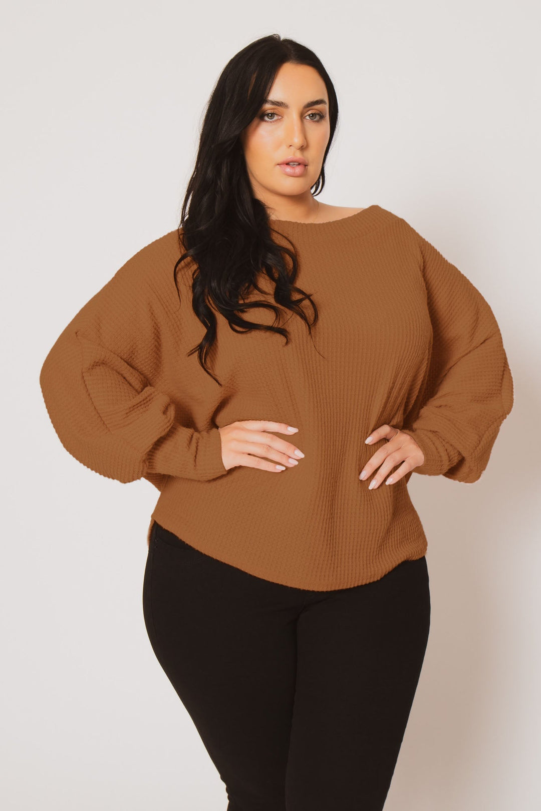D ROCK Tops Plus Size Harper Off Shoulder Sweater - Camel