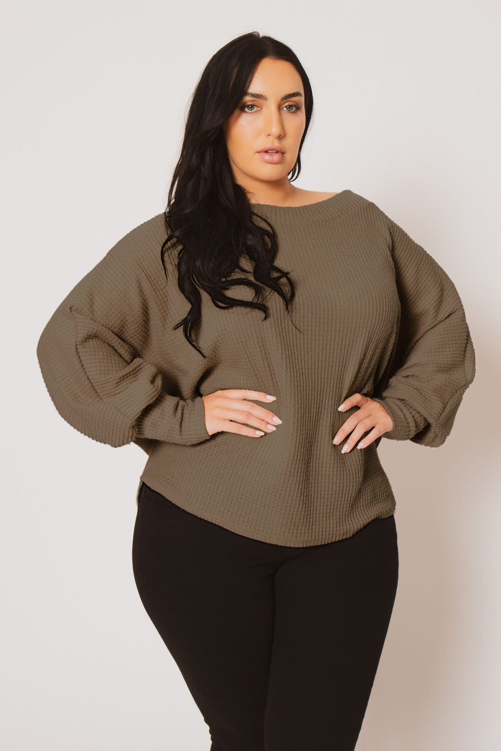 D ROCK Tops Plus Size Harper Off Shoulder Sweater - Mocha