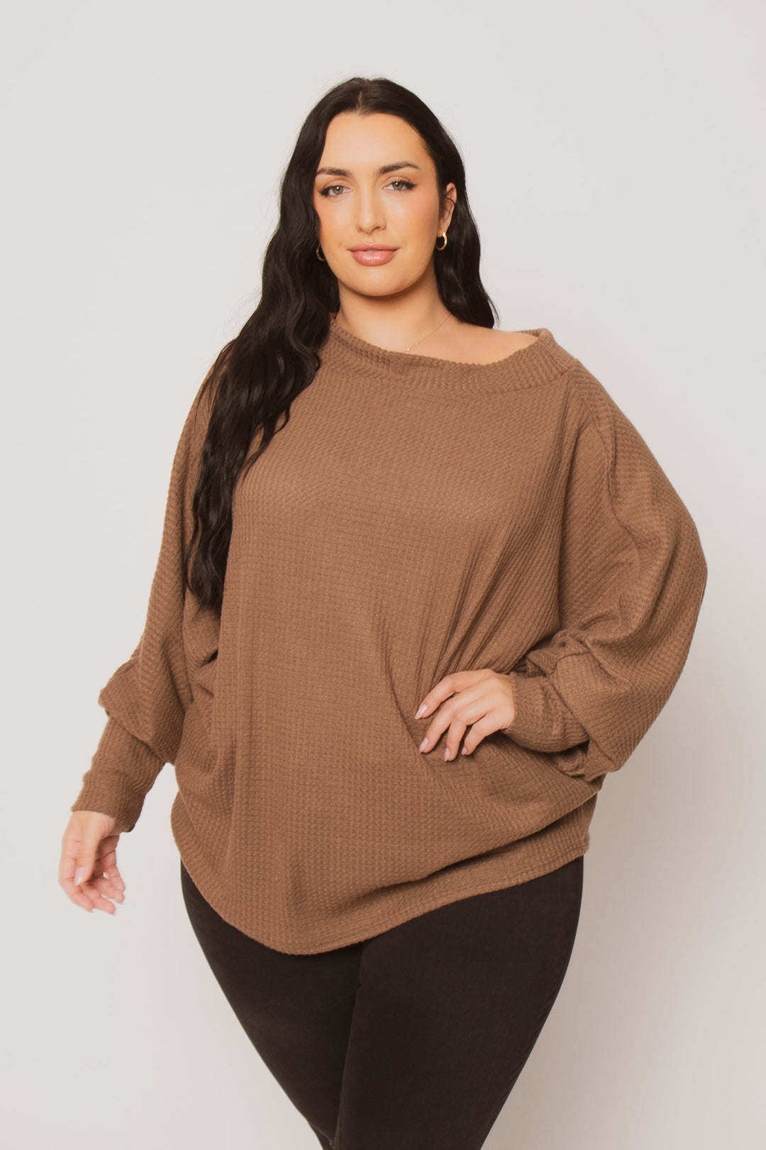 D ROCK Tops Plus Size Harper Off Shoulder Sweater - Mocha