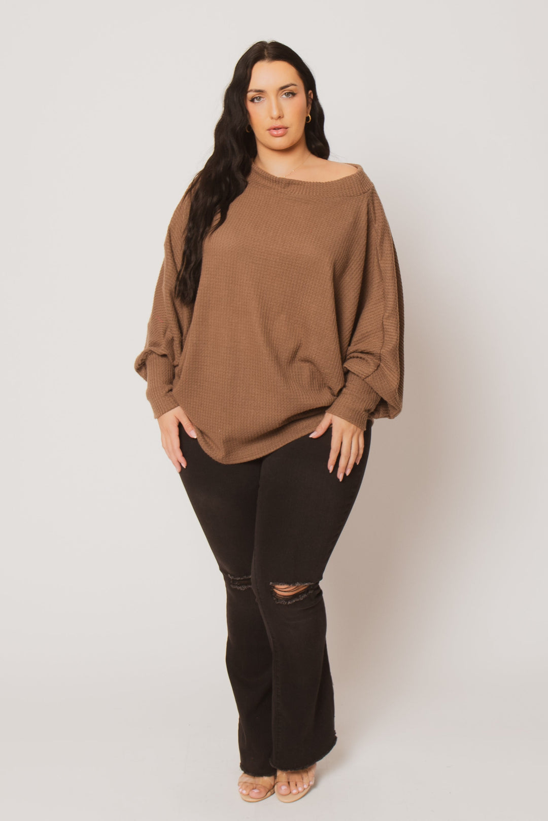 D ROCK Tops Plus Size Harper Off Shoulder Sweater - Mocha