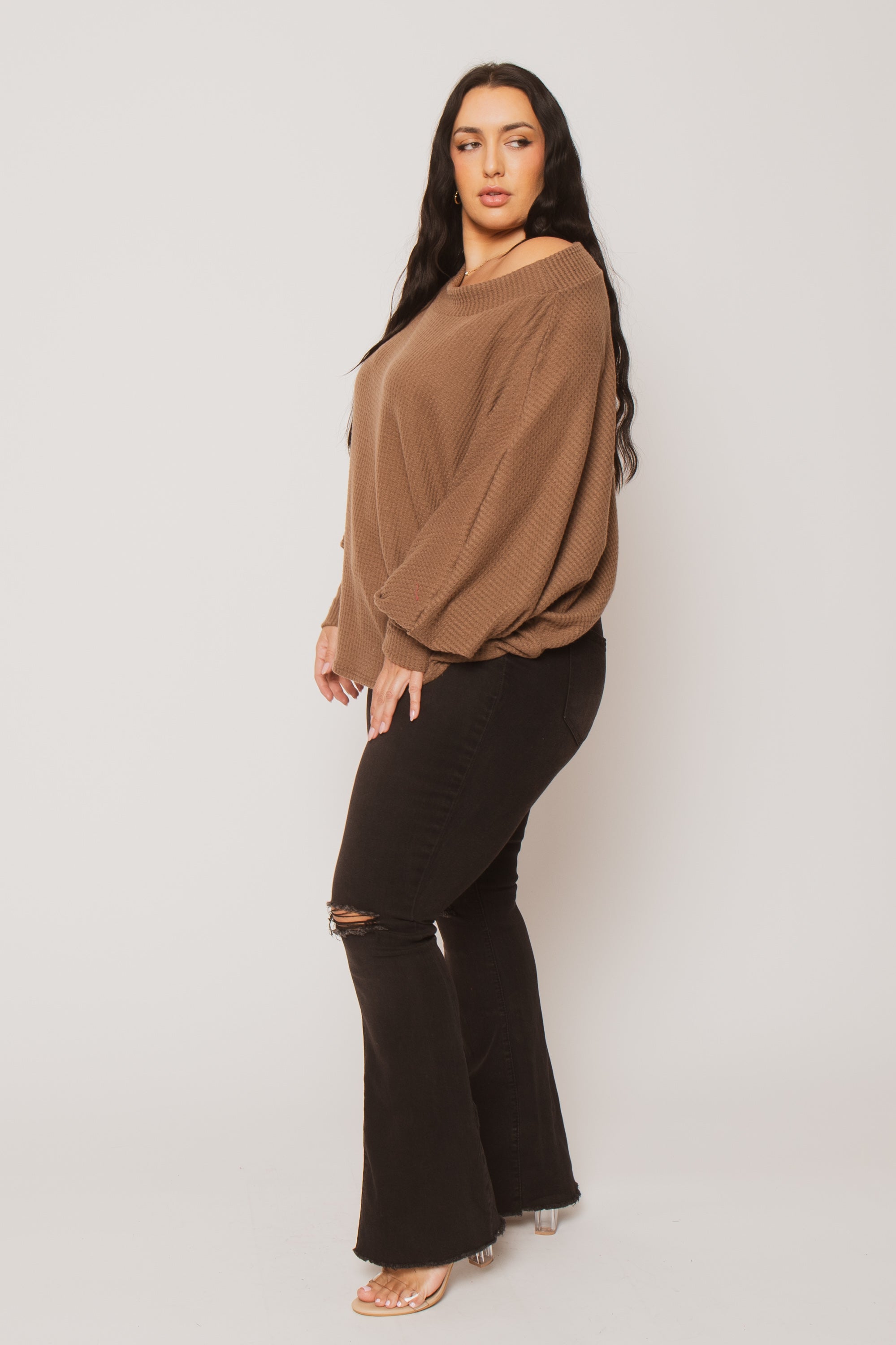 Plus Size Harper Off Shoulder Sweater - Mocha – Curvy Sense