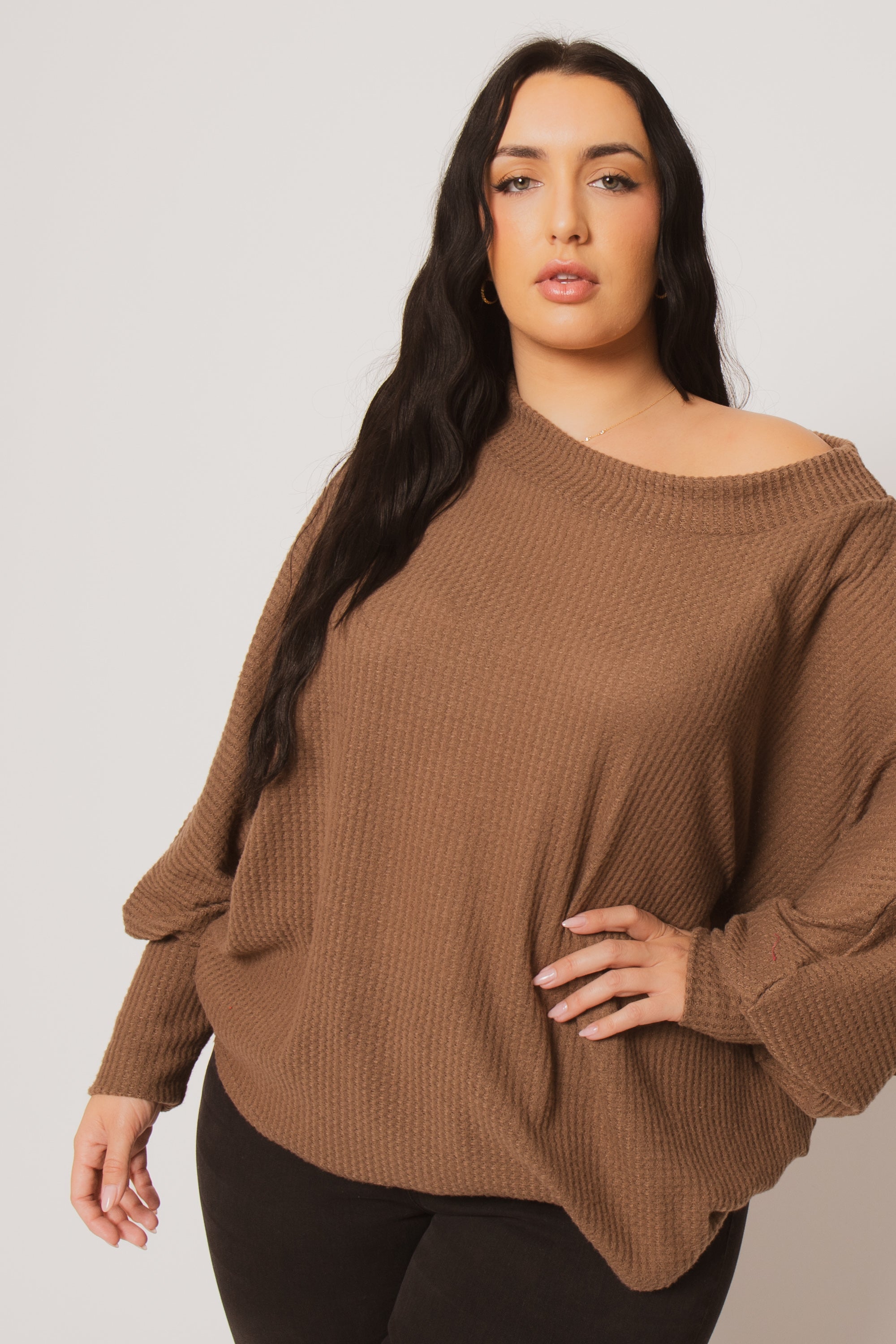 Plus Size Harper Off Shoulder Sweater - Mocha – Curvy Sense