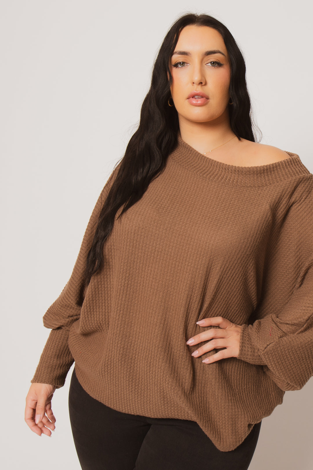D ROCK Tops Plus Size Harper Off Shoulder Sweater - Mocha