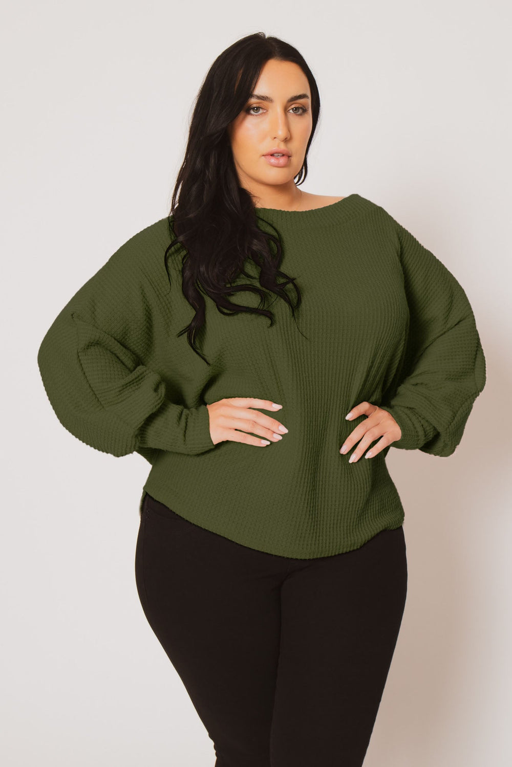 D ROCK Tops Plus Size Harper Off Shoulder Sweater - Olive