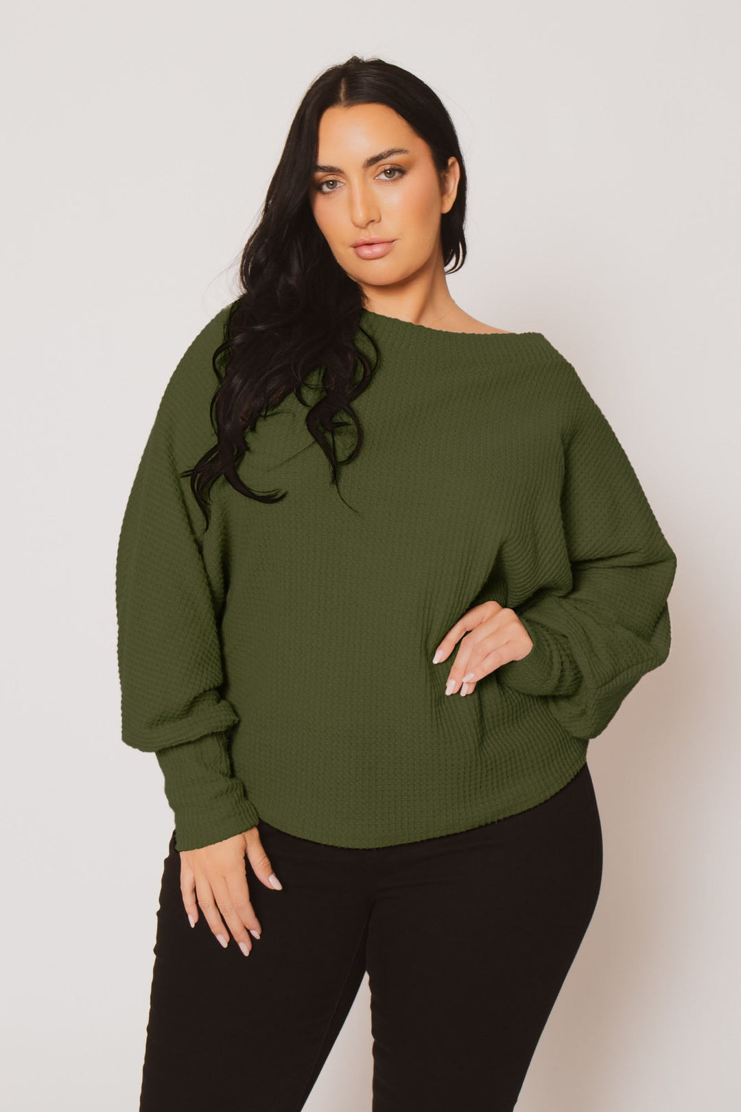 D ROCK Tops Plus Size Harper Off Shoulder Sweater - Olive