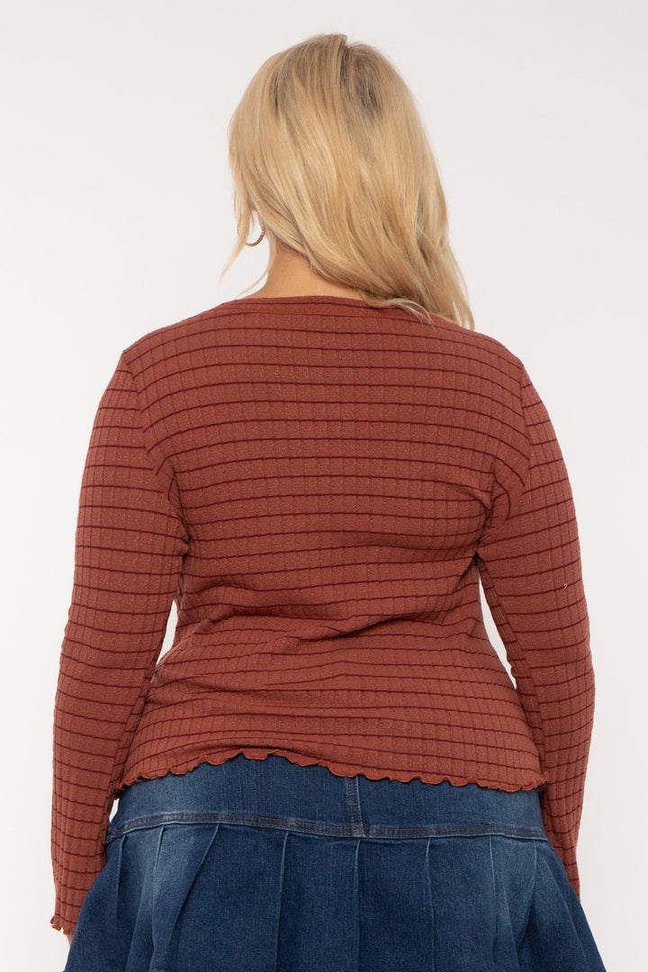 Jade By Jane Tops Plus Size Henley  Striped  Top -Rust