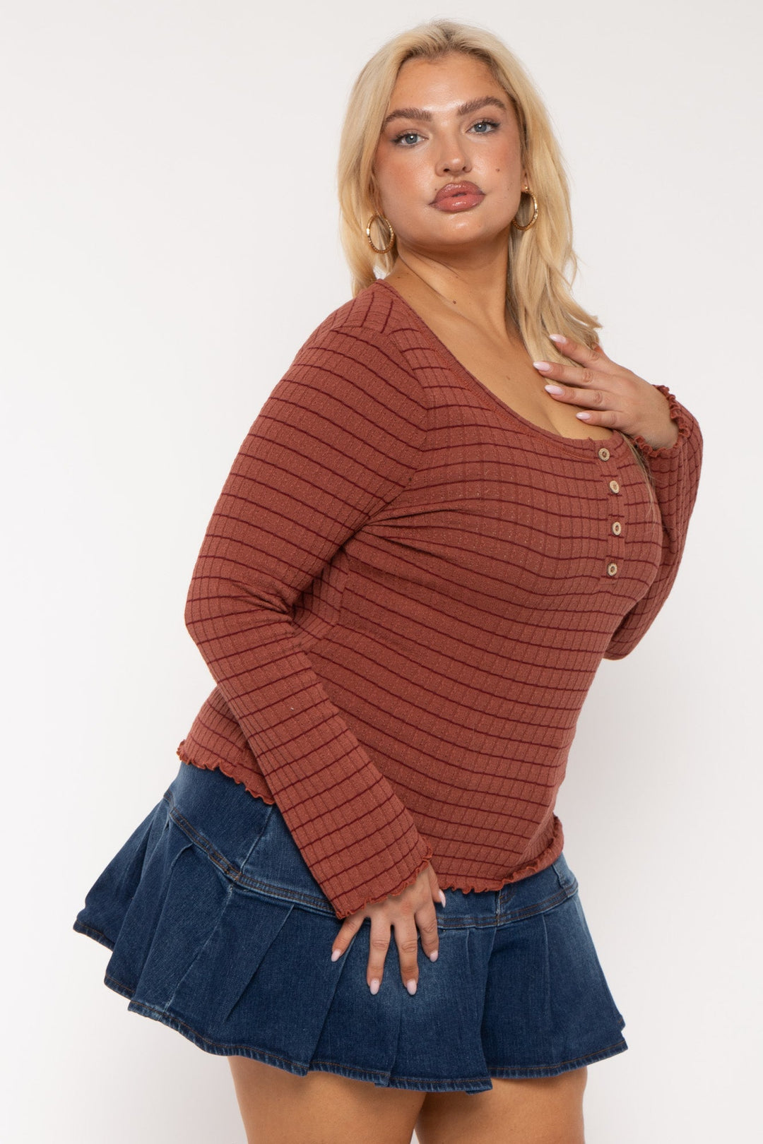 Jade By Jane Tops Plus Size Henley  Striped  Top -Rust