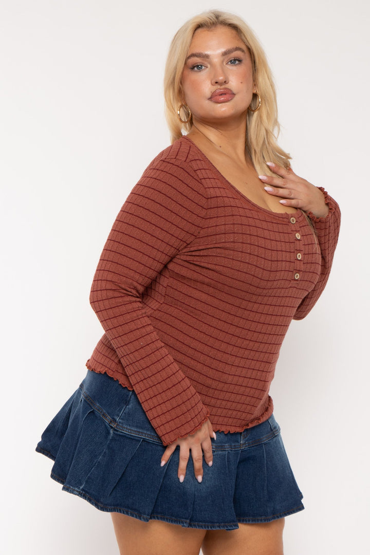 Jade By Jane Tops Plus Size Henley  Striped  Top -Rust