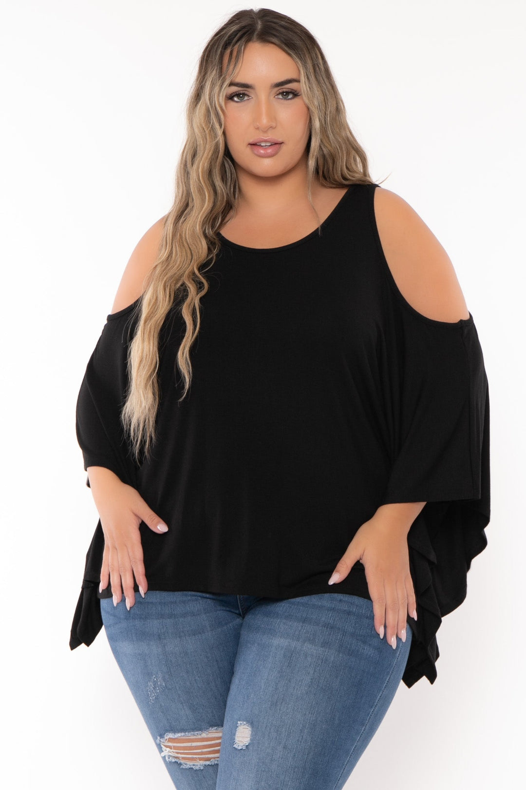 Curvy Sense Tops Plus Size Irene  Cold Shoulder  Top - Black