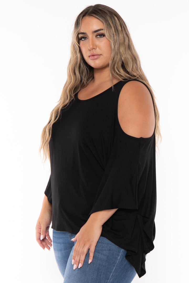 Curvy Sense Tops Plus Size Irene  Cold Shoulder  Top - Black