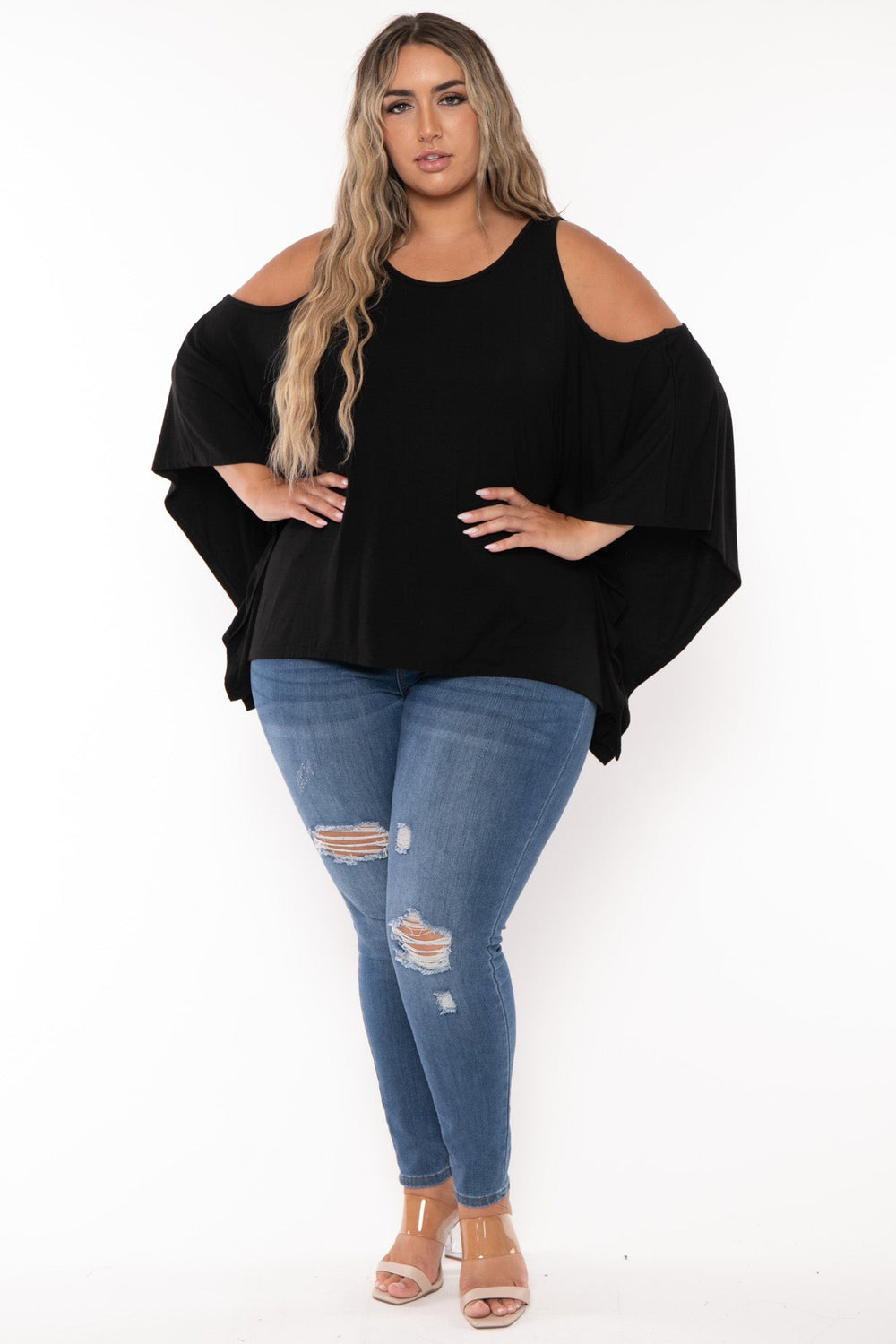 Curvy Sense Tops Plus Size Irene  Cold Shoulder  Top - Black