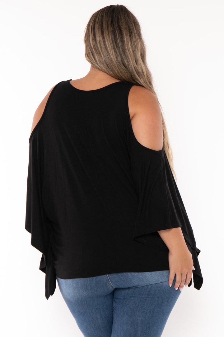 Curvy Sense Tops Plus Size Irene  Cold Shoulder  Top - Black