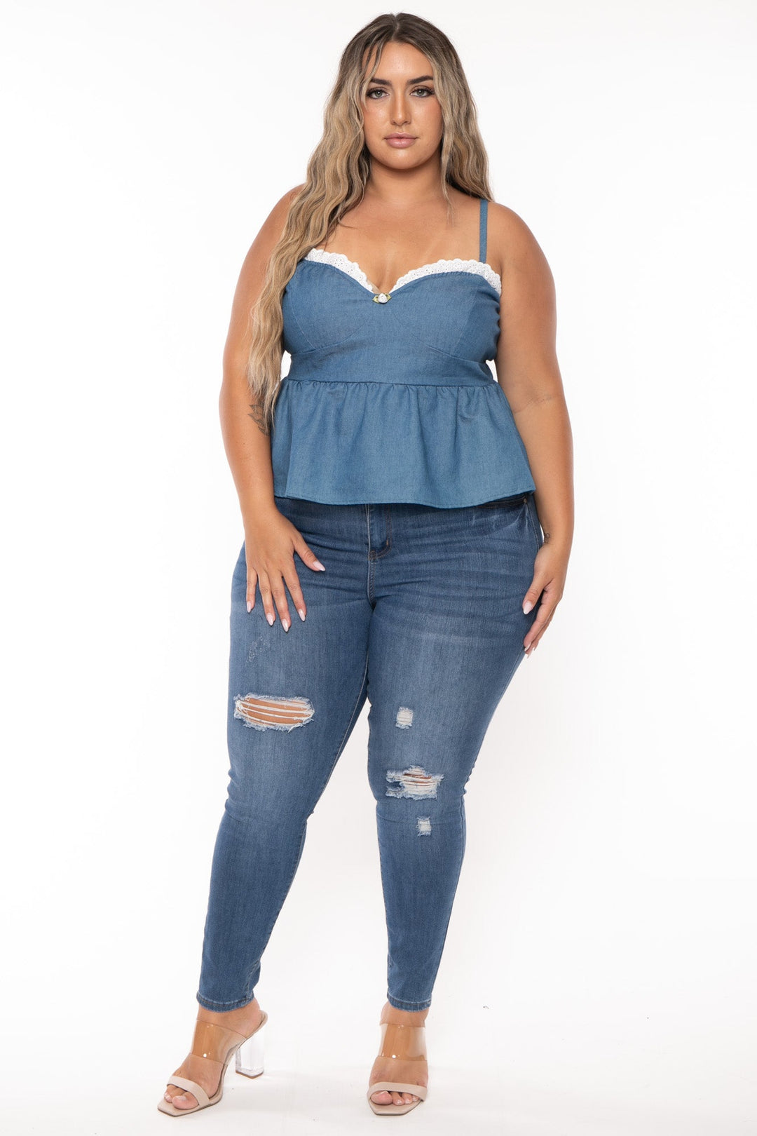 Curvy Sense Tops Plus Size Jaliza Rosset Flare  Top-Blue