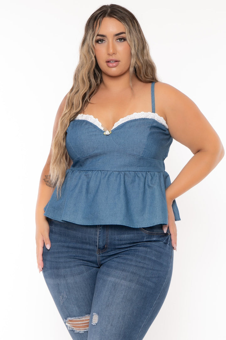 Curvy Sense Tops Plus Size Jaliza Rosset Flare  Top-Blue