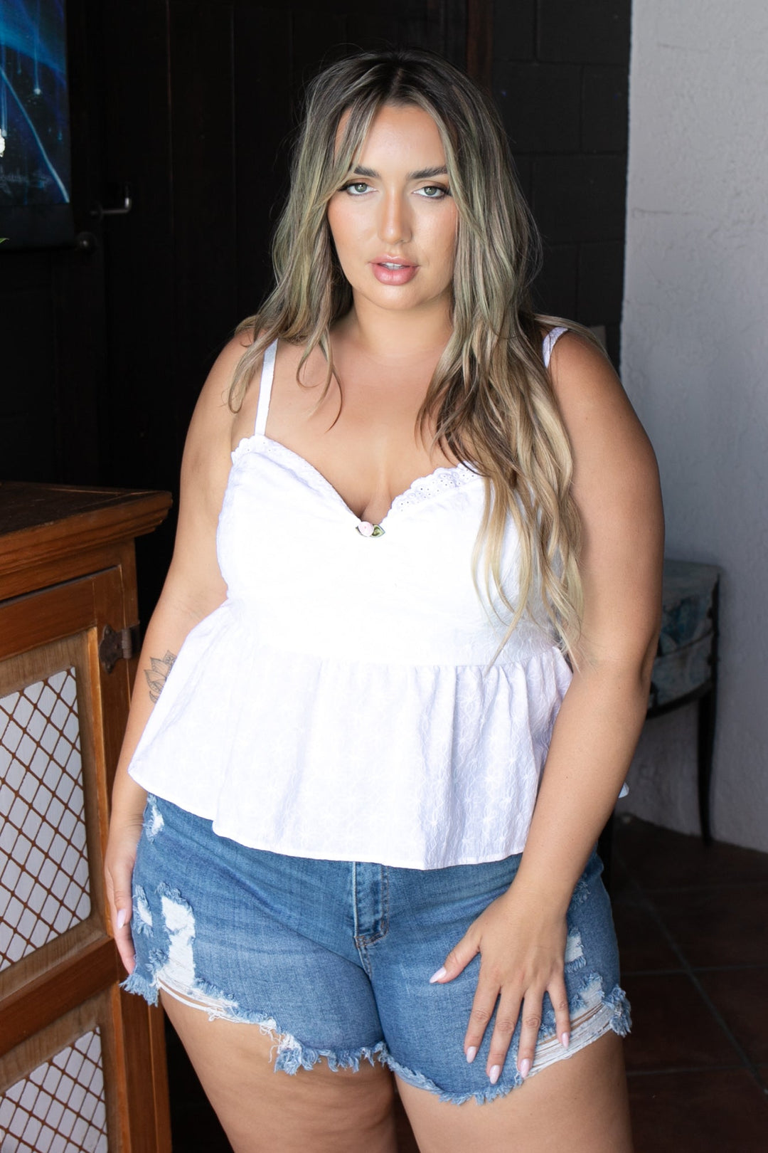 Curvy Sense Tops Plus Size Jaliza Rosset Flare  Top-White