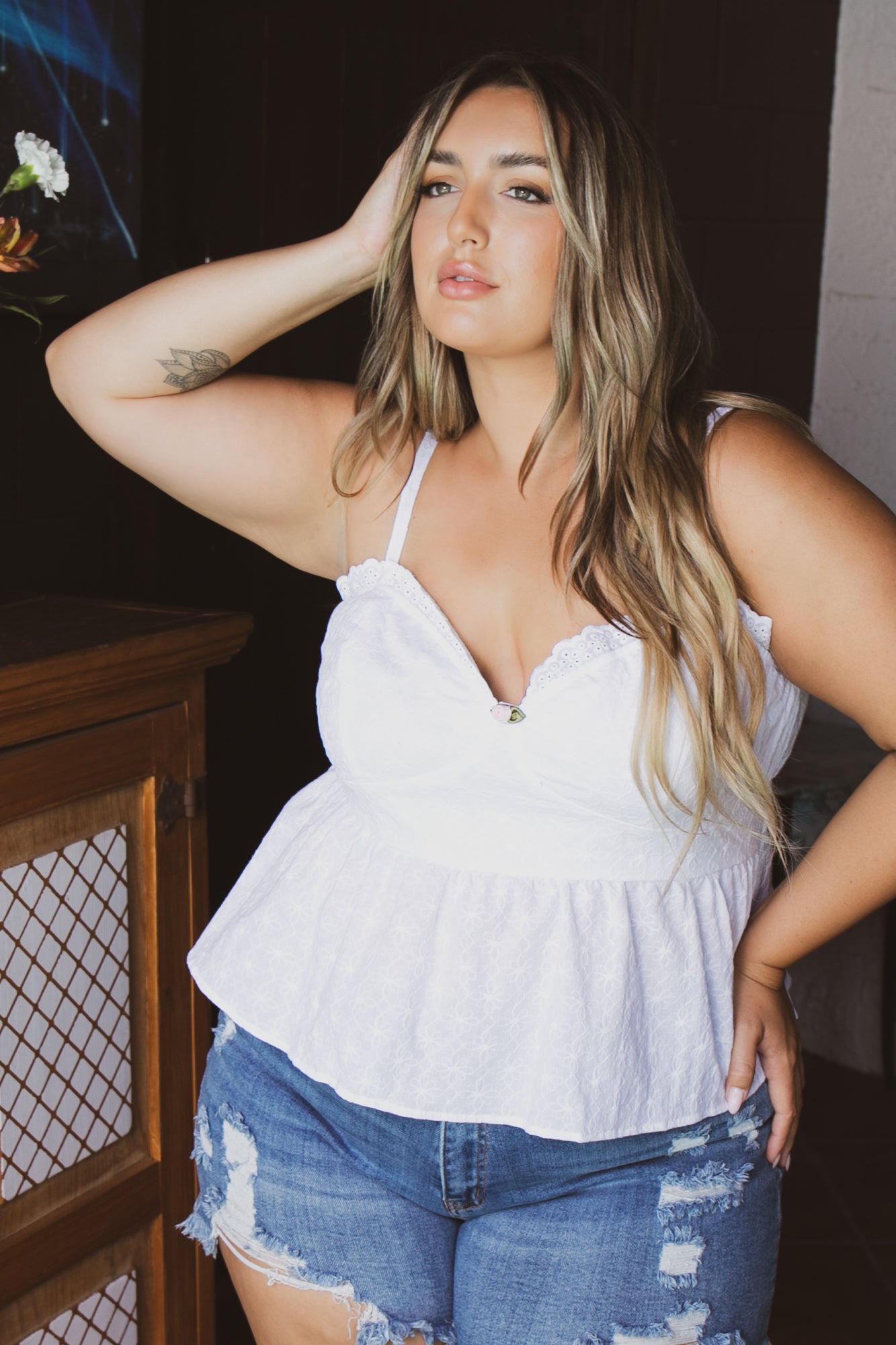 Women's Plus Size Jaliza Rosset Flare Top-White - Curvy Sense
