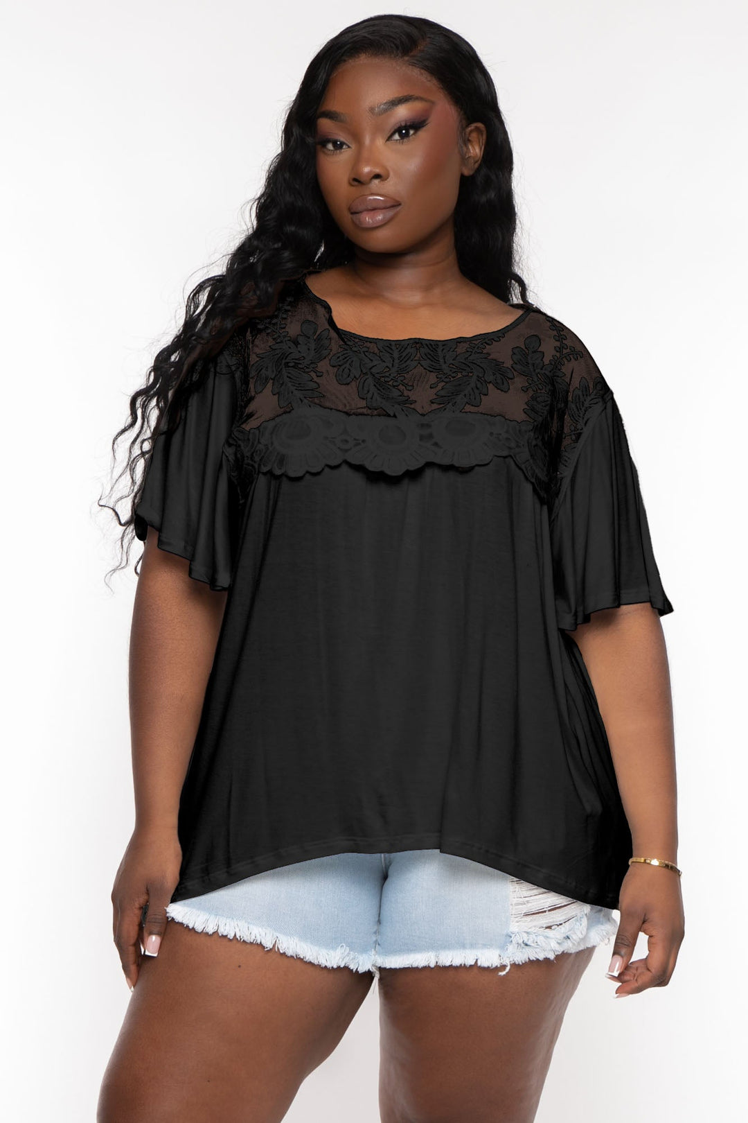 CULTURE CODE Tops 1X / Black Plus Size Judy Lace Embroidered  Top - Black