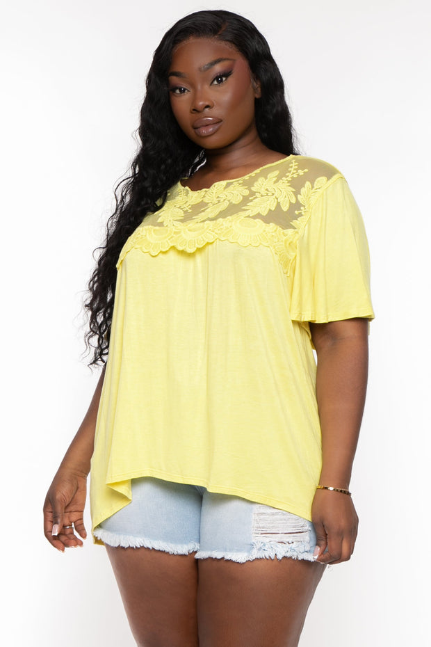 CULTURE CODE Tops 1X / Yellow Plus Size Judy Lace Embroidered  Top - Yellow