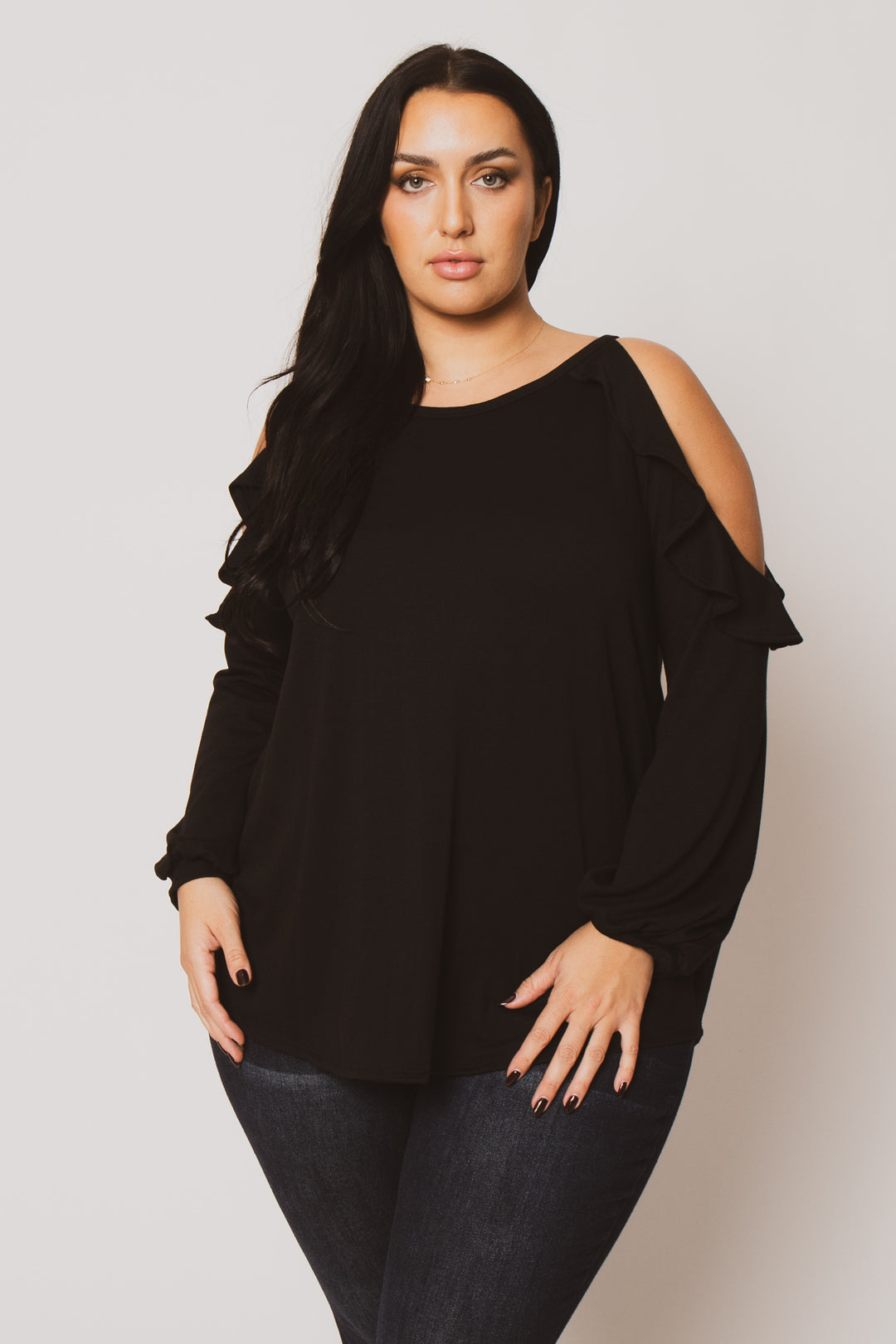 Sweet Lovely Tops Plus Size Kira  Cold Shoulder  Top - Black