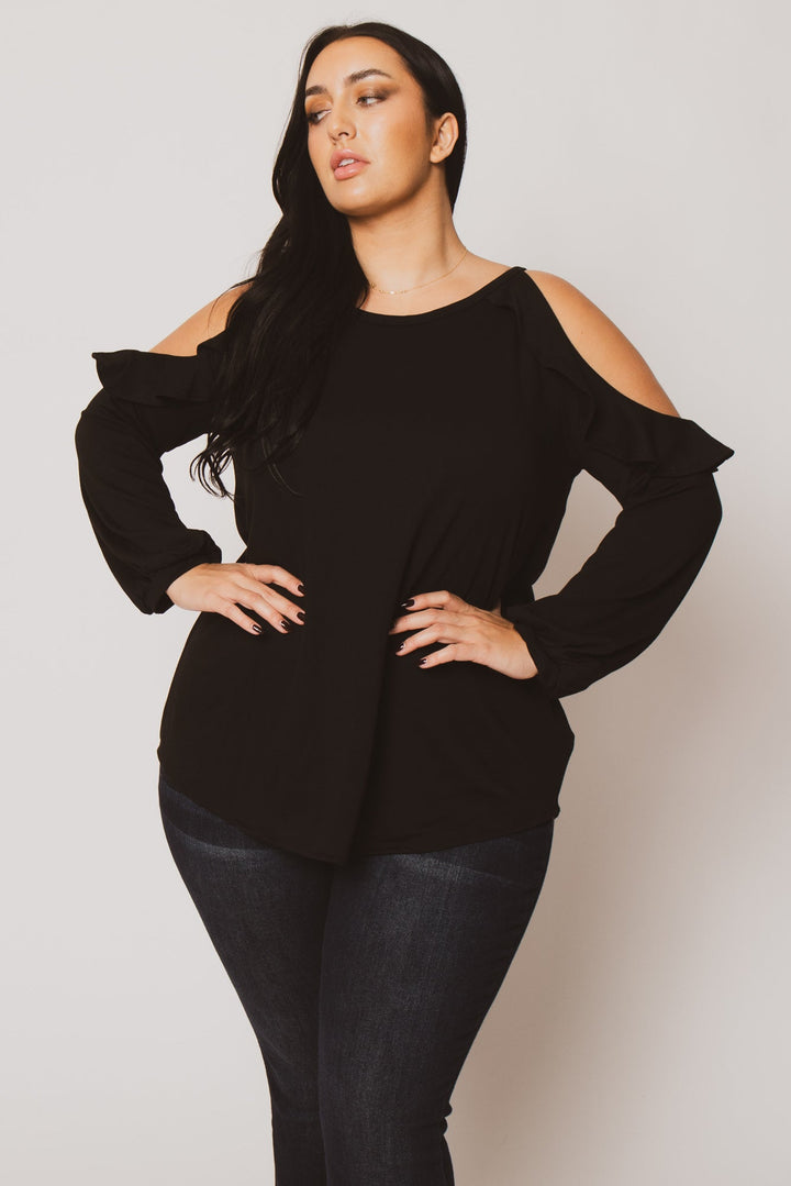 Sweet Lovely Tops Plus Size Kira  Cold Shoulder  Top - Black