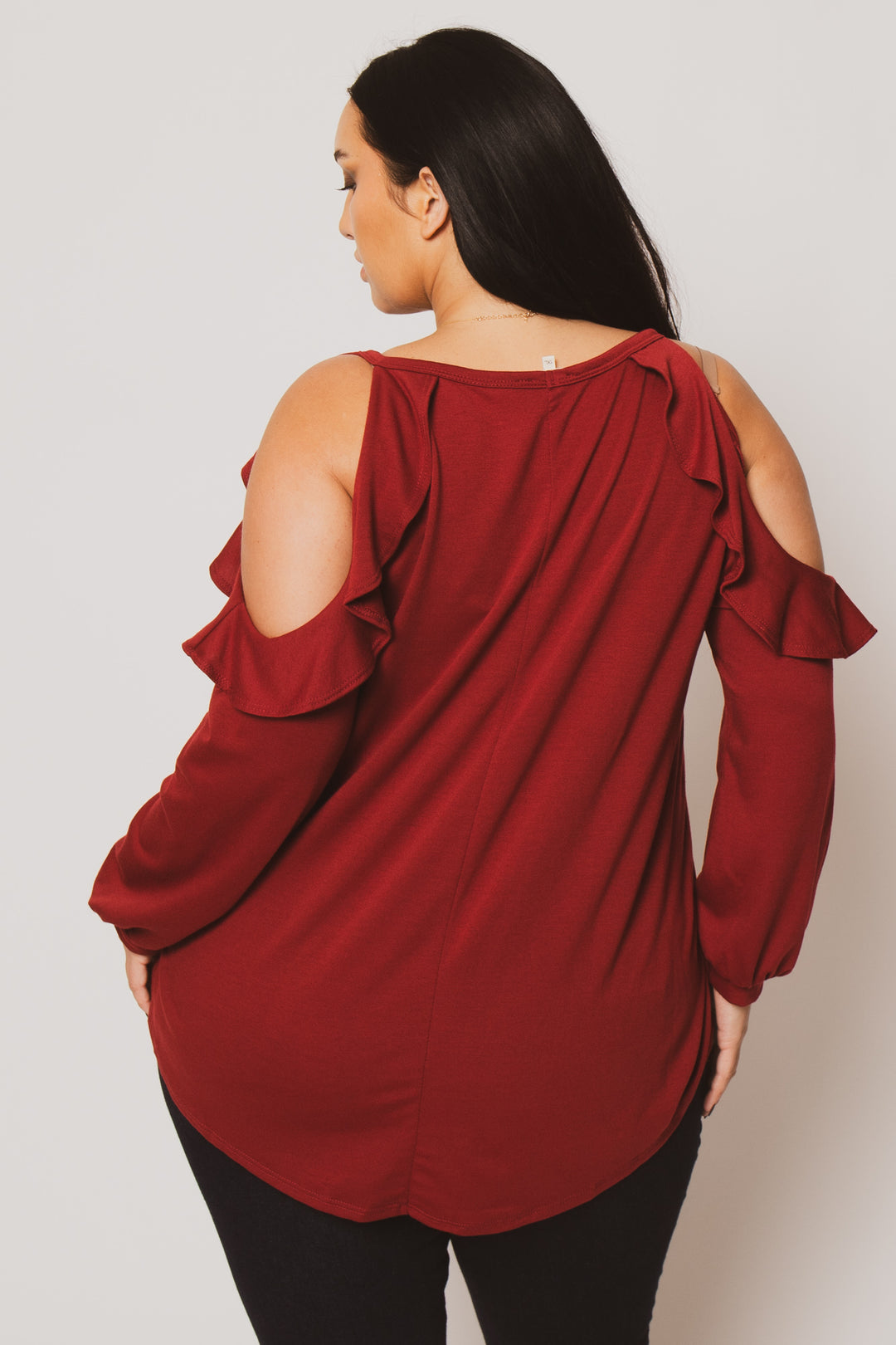 Sweet Lovely Tops Plus Size Kira  Cold Shoulder  Top - Burgundy