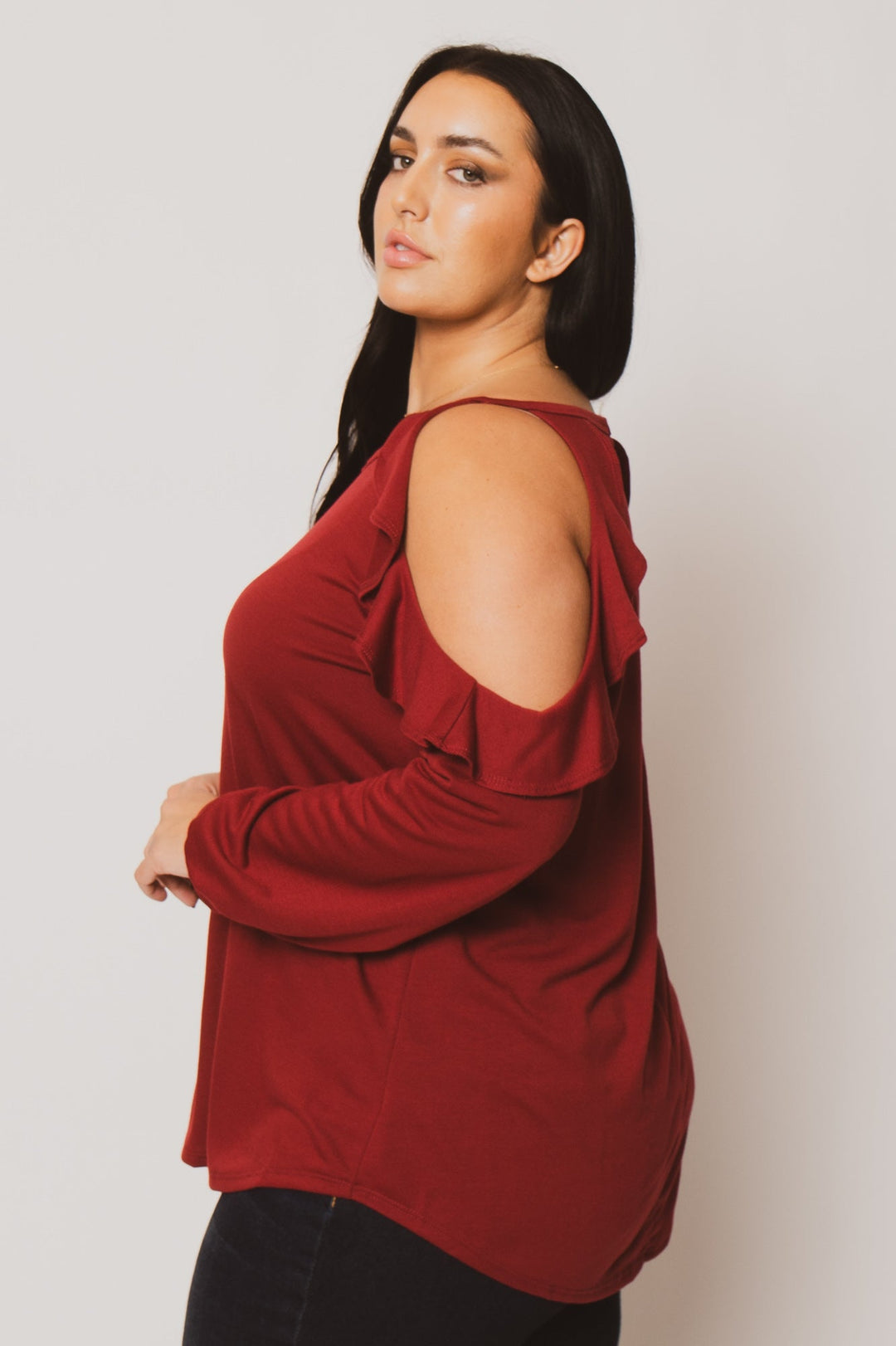Sweet Lovely Tops Plus Size Kira  Cold Shoulder  Top - Burgundy