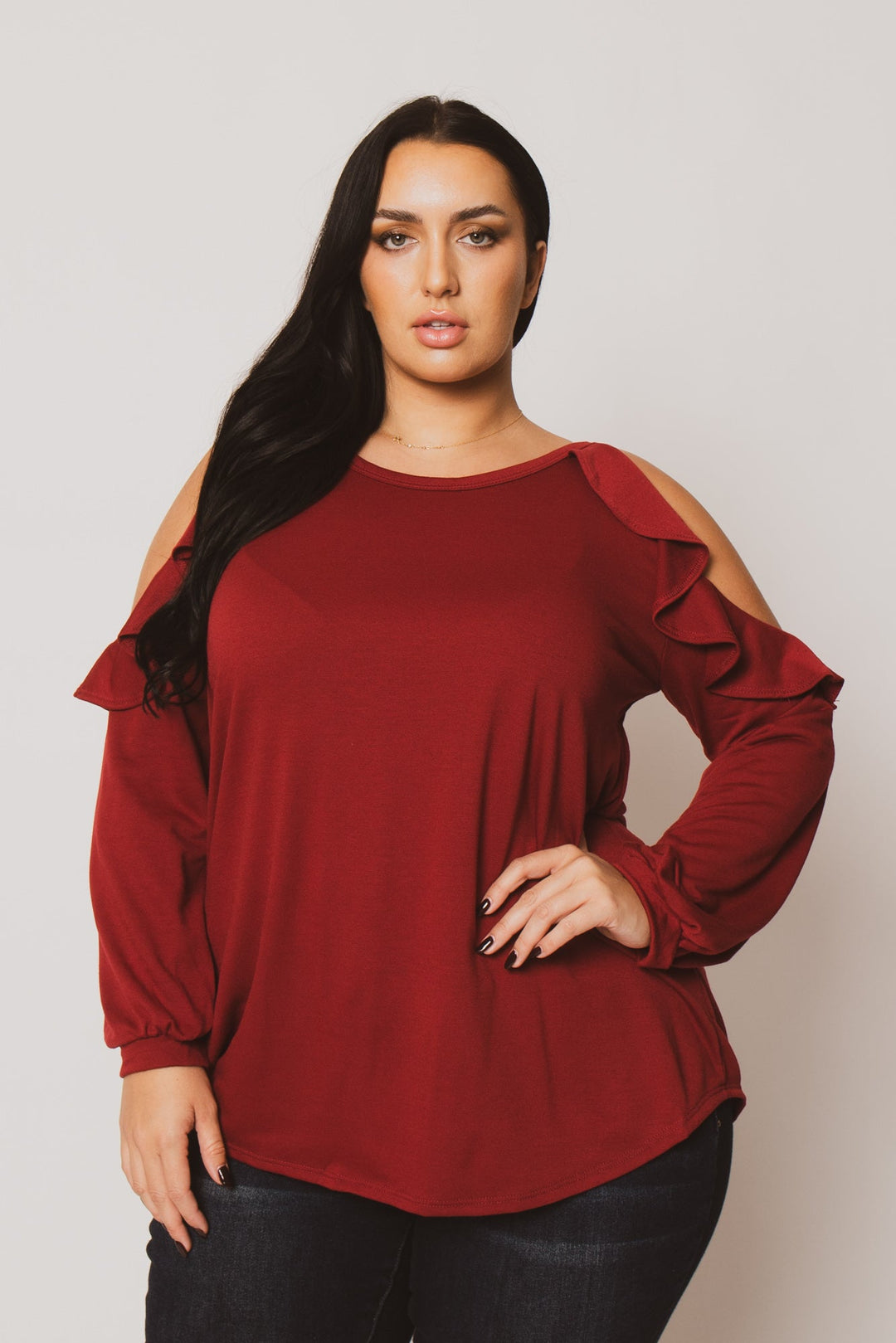 Sweet Lovely Tops Plus Size Kira  Cold Shoulder  Top - Burgundy