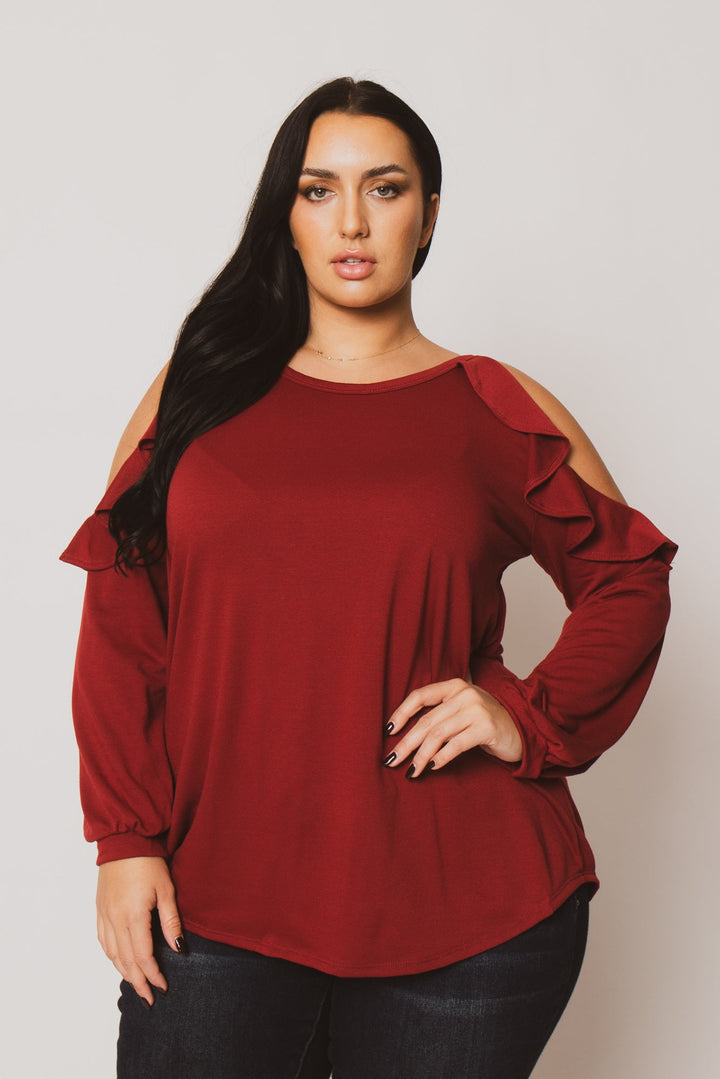 Sweet Lovely Tops Plus Size Kira  Cold Shoulder  Top - Burgundy