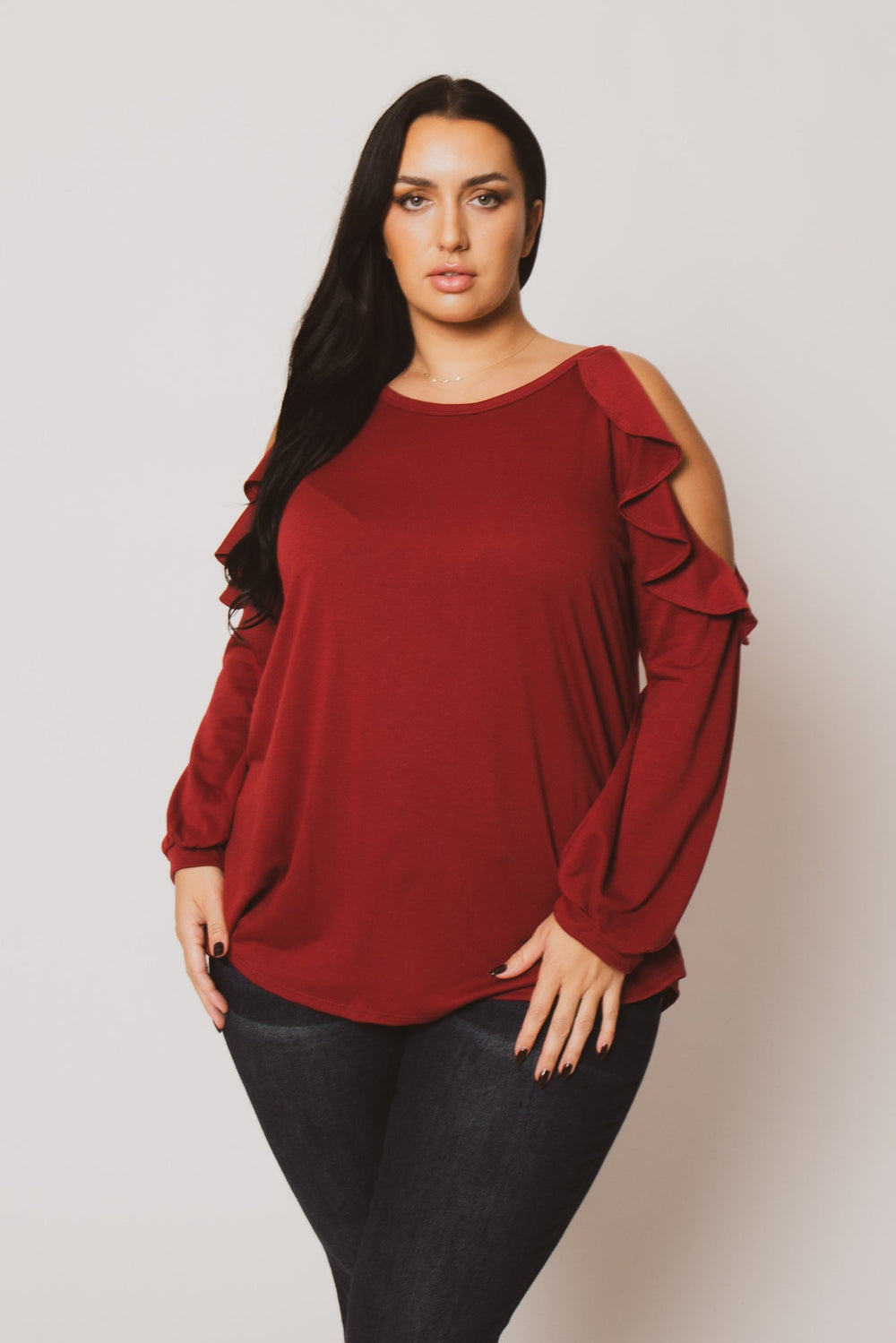 Sweet Lovely Tops Plus Size Kira  Cold Shoulder  Top - Burgundy