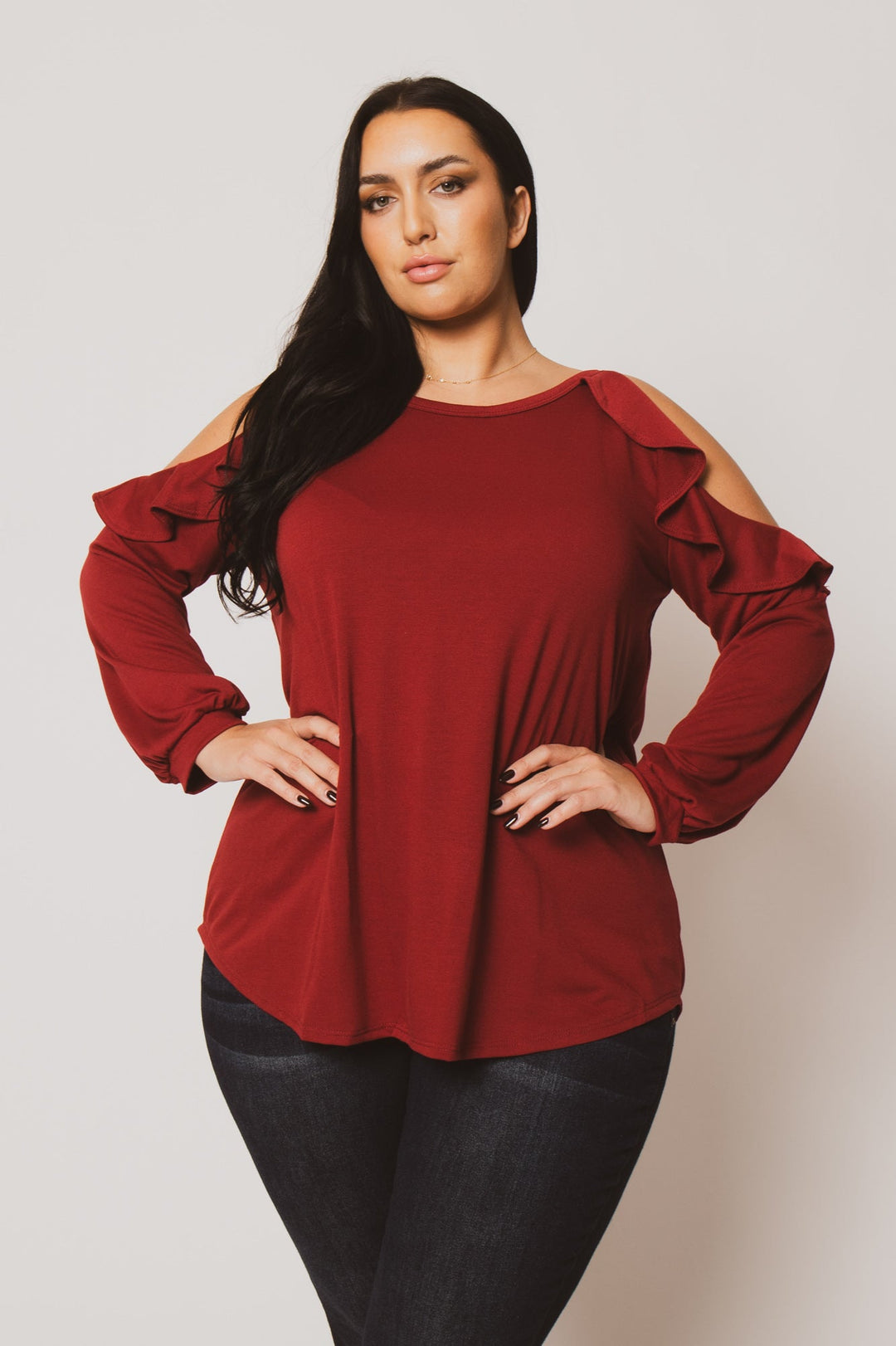 Sweet Lovely Tops Plus Size Kira  Cold Shoulder  Top - Burgundy