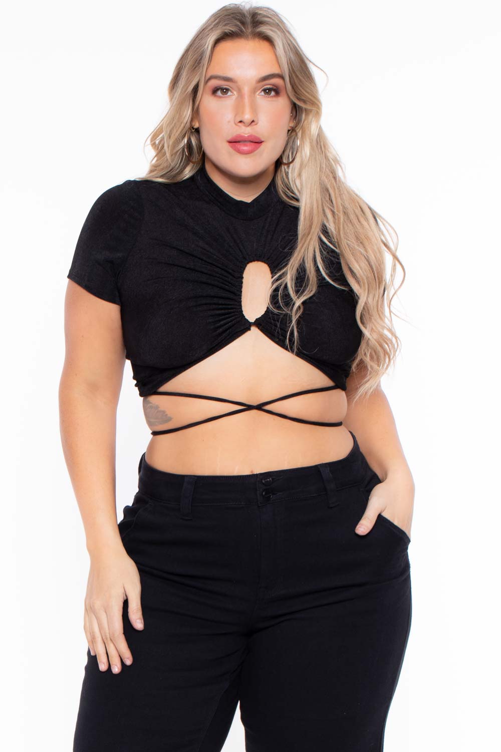 Curvy Sense Tops Plus Size Kyomi Slinky Top  - Black