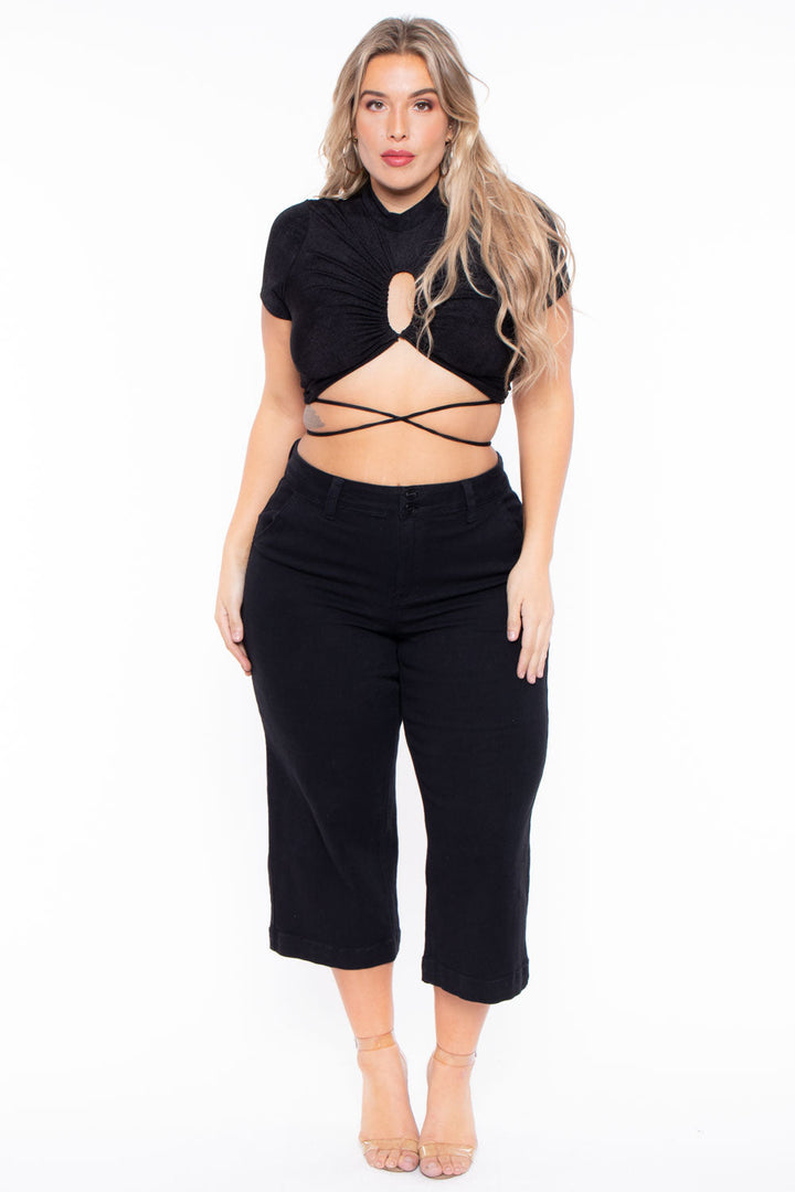 Curvy Sense Tops Plus Size Kyomi Slinky Top  - Black