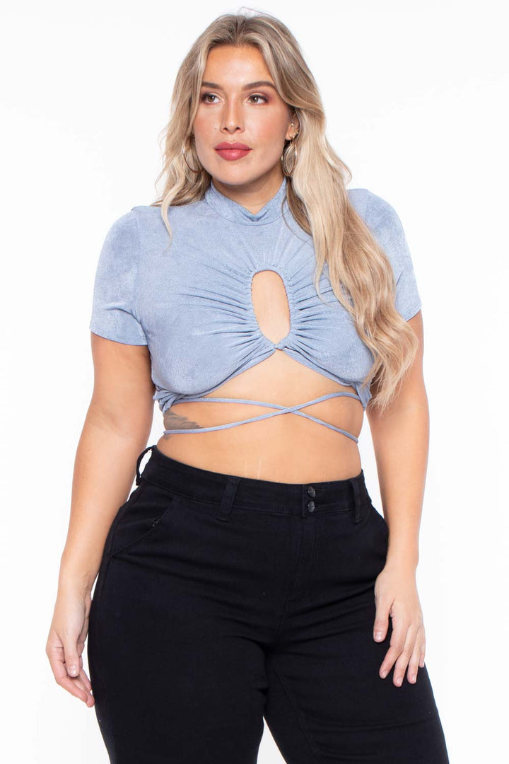 Curvy Sense Tops Plus Size Kyomi Slinky Top  - Blue